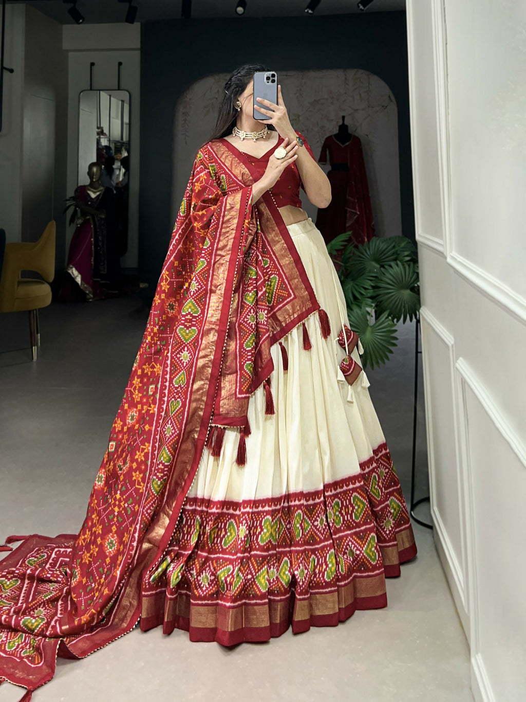 Lorenvalley Offwhite and Red Tussar Silk Patola Print Lehenga Choli