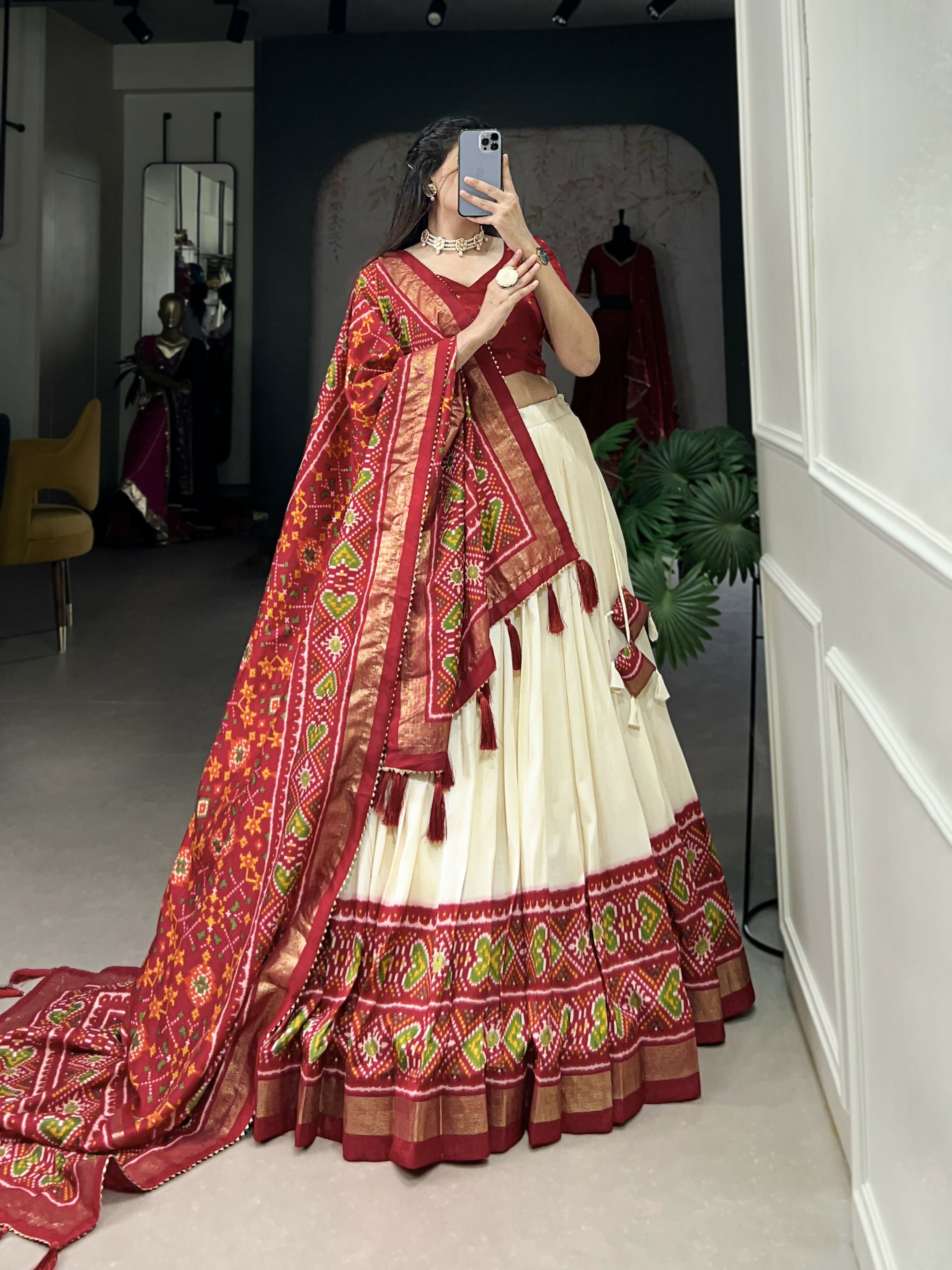 Lorenvalley Offwhite and Red Tussar Silk Patola Print Lehenga Choli