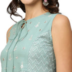 Sea Green & White Ethnic Motifs Embroidered Pure Cotton Maxi A-Line Dress - Poonam - Distacart