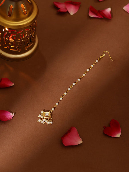 Ruby Raang Gold Square with Pearls Kundan Maang Tikka