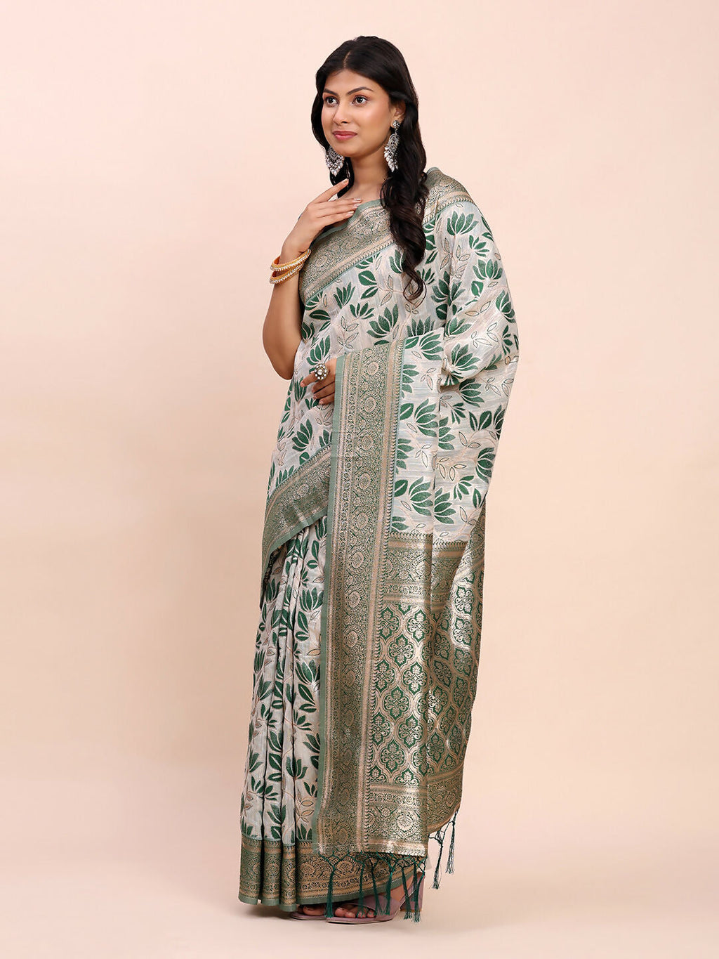 Shree Shyam Fashion Linen Cotton Green Saree - Distacart