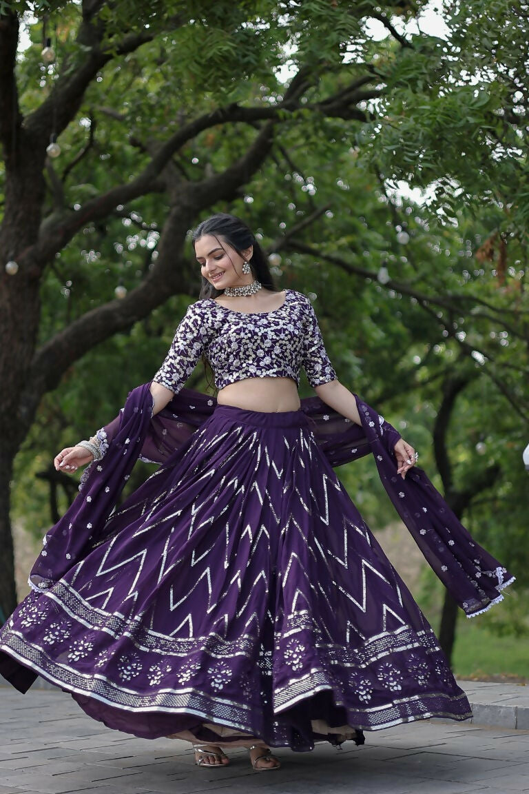 Vastranavya Faux Blooming With Sequins And Thread Embroidered Work Lehenga Choli With Dupatta - Purple