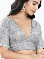 Joban Fashion Silver Silk Padded Blouse With V Neck Elbow Sleeves - Distacart