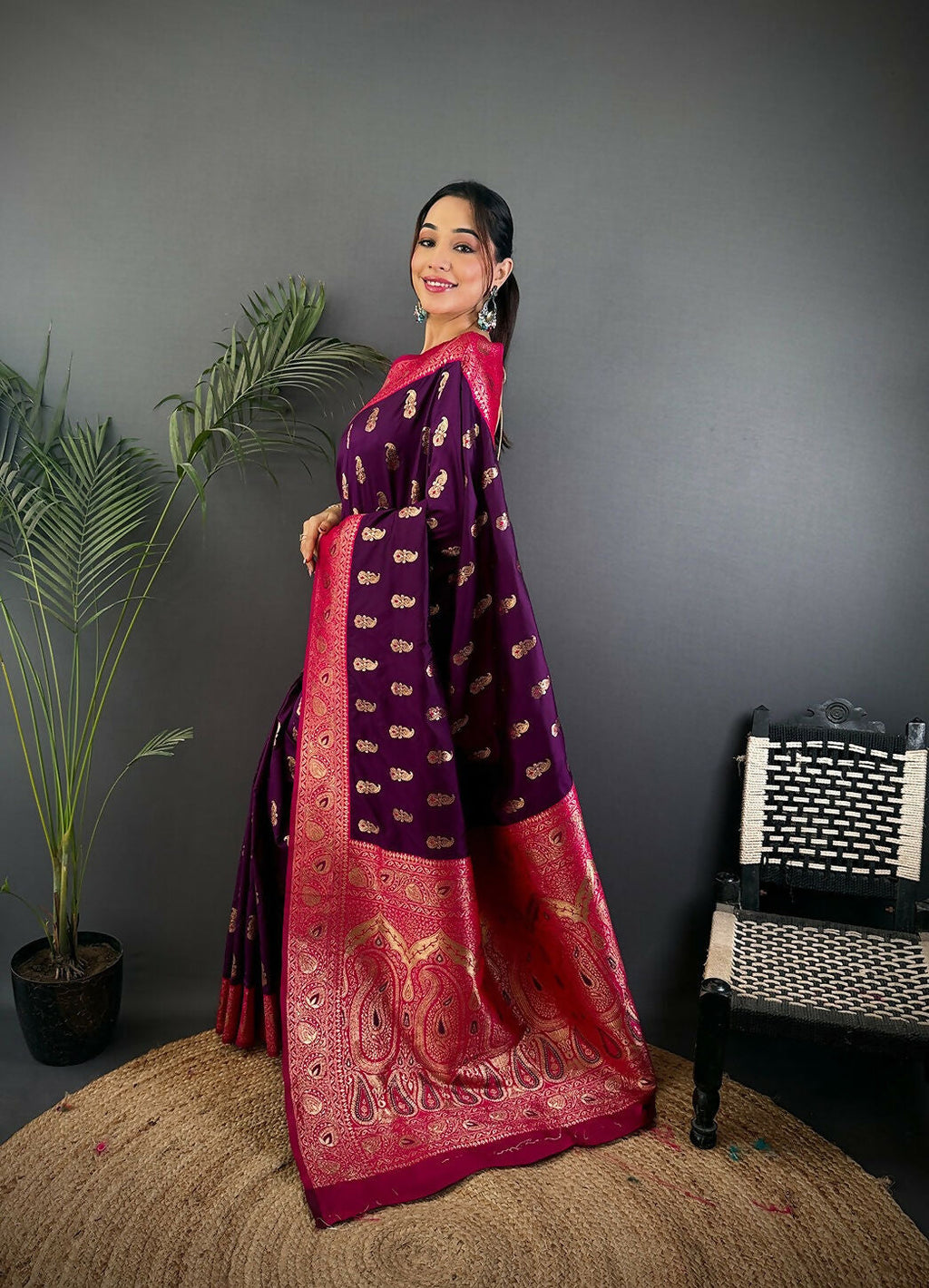 Joban Fashion Banarasi Purple Woven Butti Soft Silk Saree - Distacart