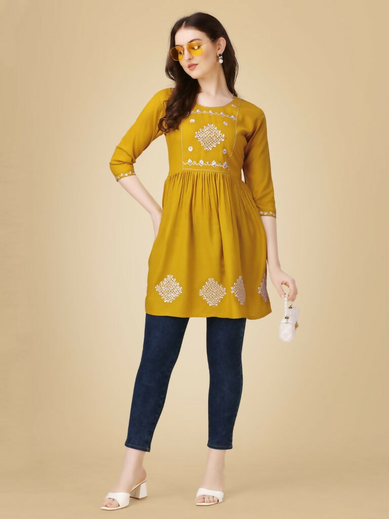 Jyoti Fashion Women's Mustard Viscose Rayon Embroidered Casual Top