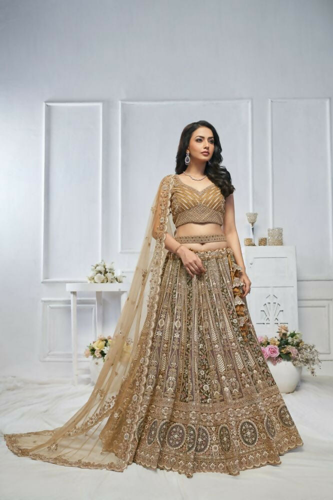 Kesar Fab Brown Net Embroidered Lehenga
