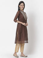 Myshka Women Maroon Chanderi Embroidered 3/4 Sleeve Round Neck Kurta