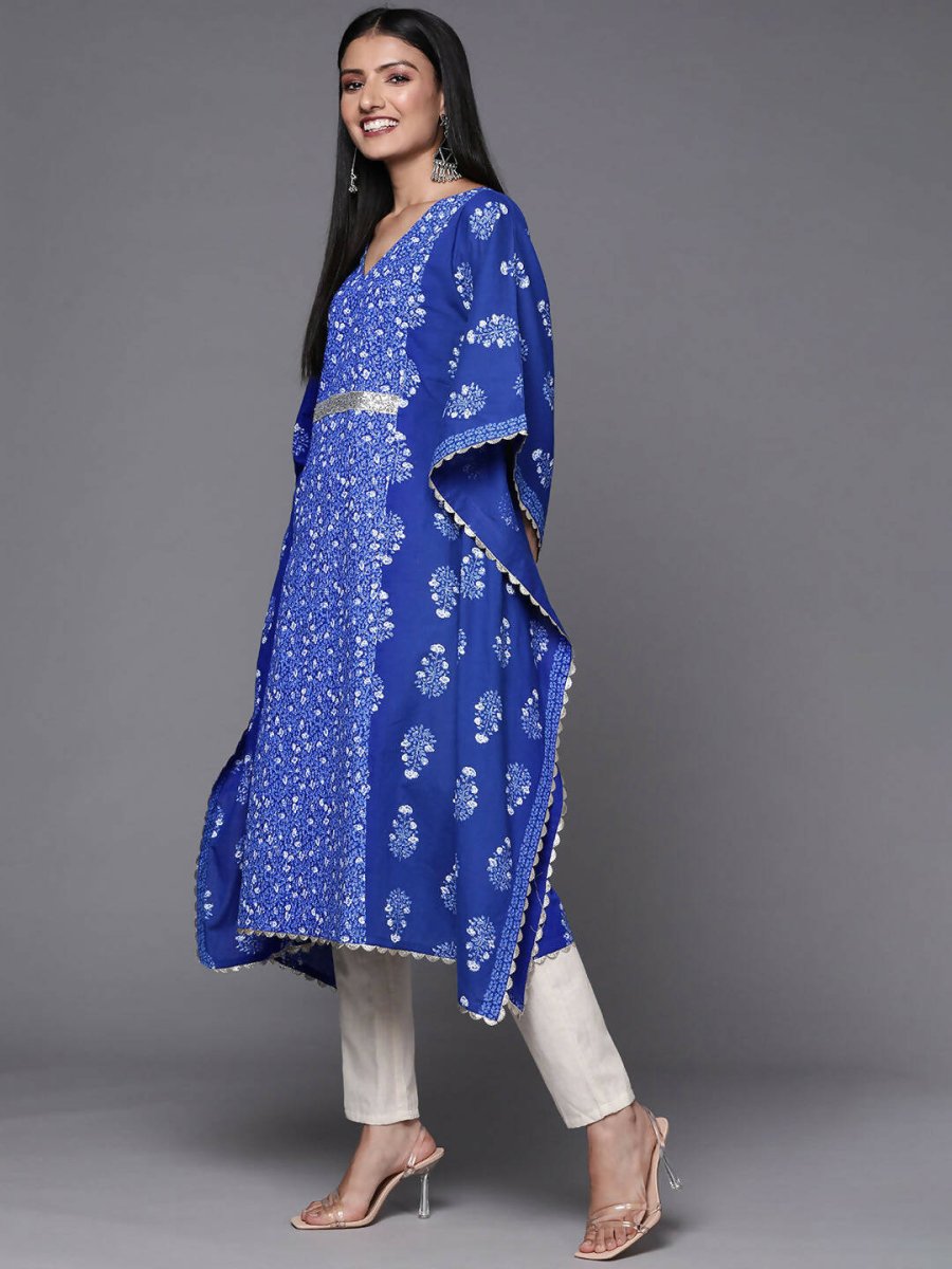 Ahalyaa Blue & White Floral Print Floral Kaftan Kurta - Distacart