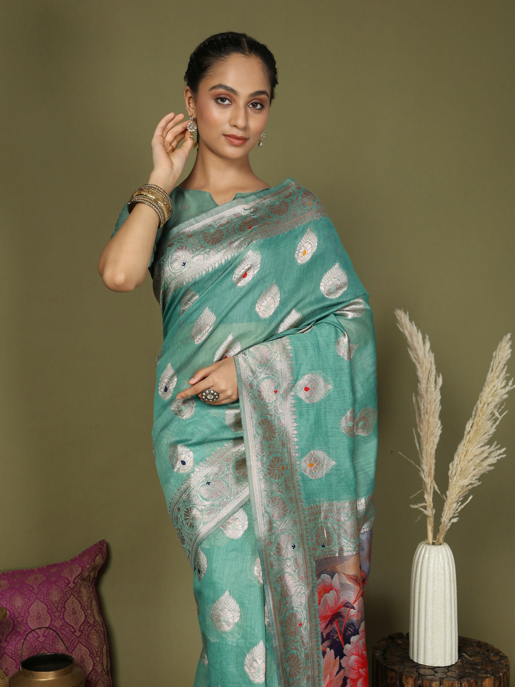 Shree Shyam Fashion Linen Cotton Rama Green Saree - Distacart