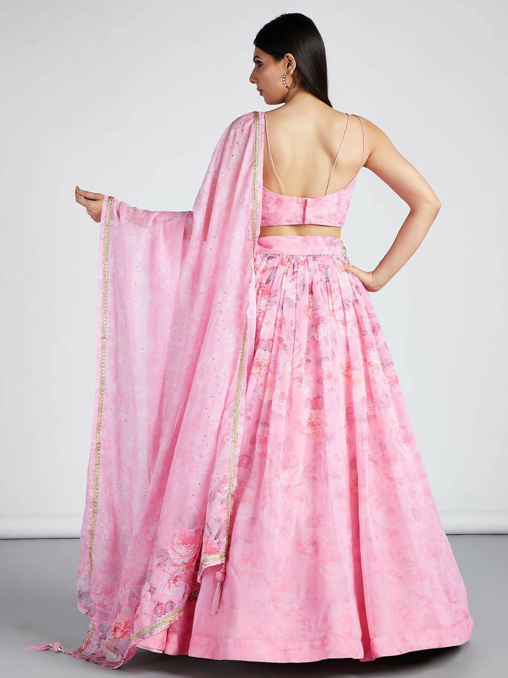 House of Panchhi Coral colour Organza Floral design digital print Semi-Stitched Lehenga choli & Dupatta