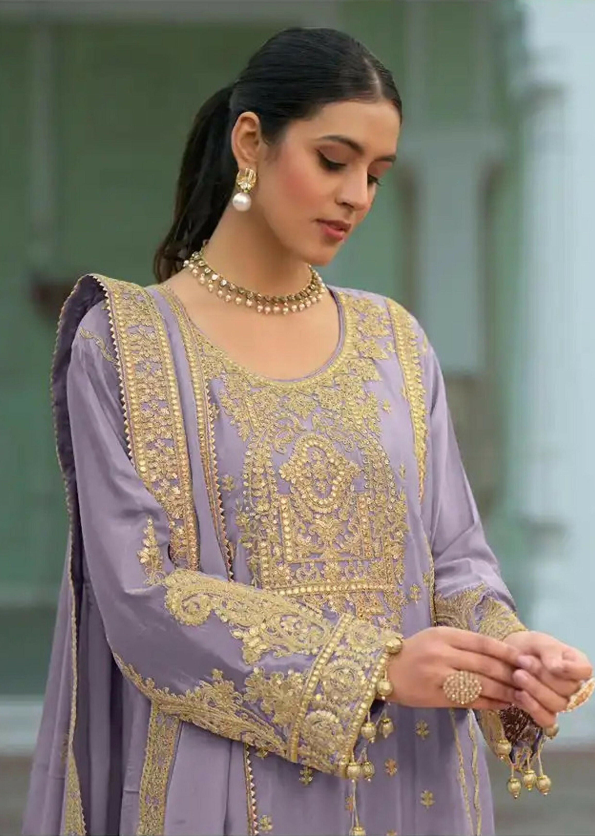 Anaita Lavender Heavy Chinon Readymade Palazzo Suit with Heavy Embroidery Work - Distacart