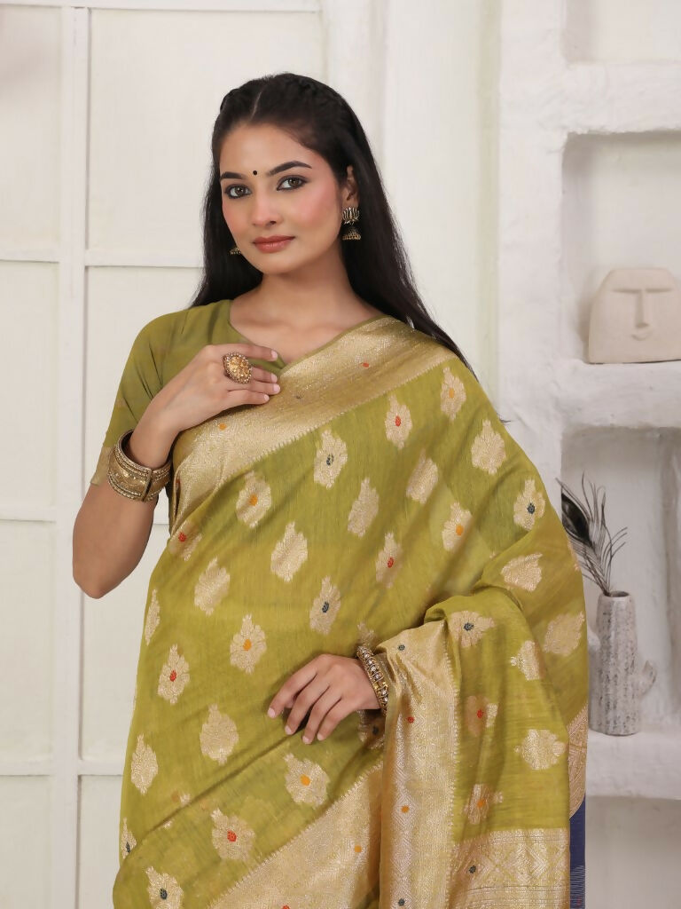 Shree Shyam Fashion Linen Cotton Mhendi Green Saree - Distacart