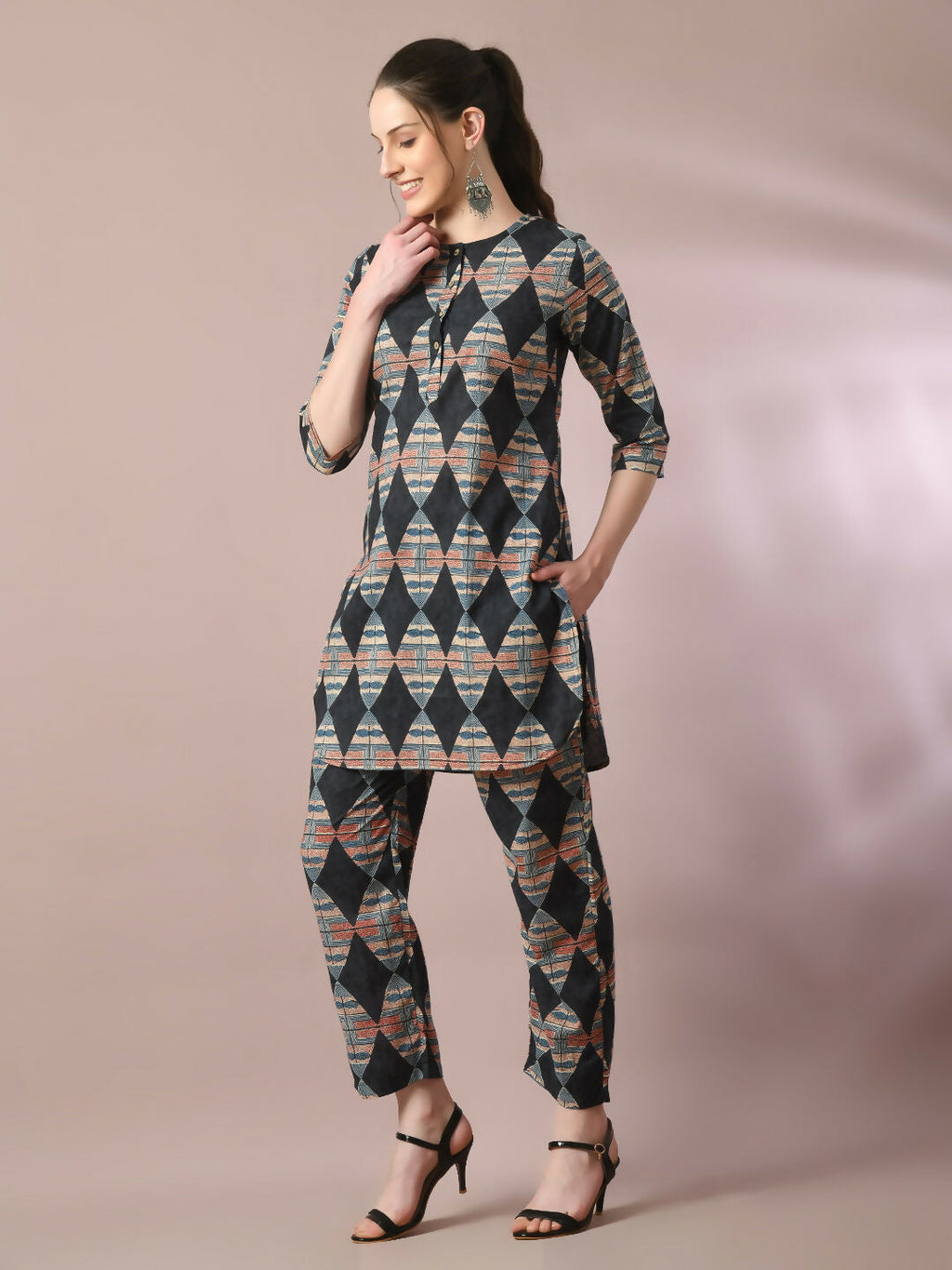 Myshka Women's Multi Printed Cotton Round Neck Party Tunic With Trousers Co-ord set