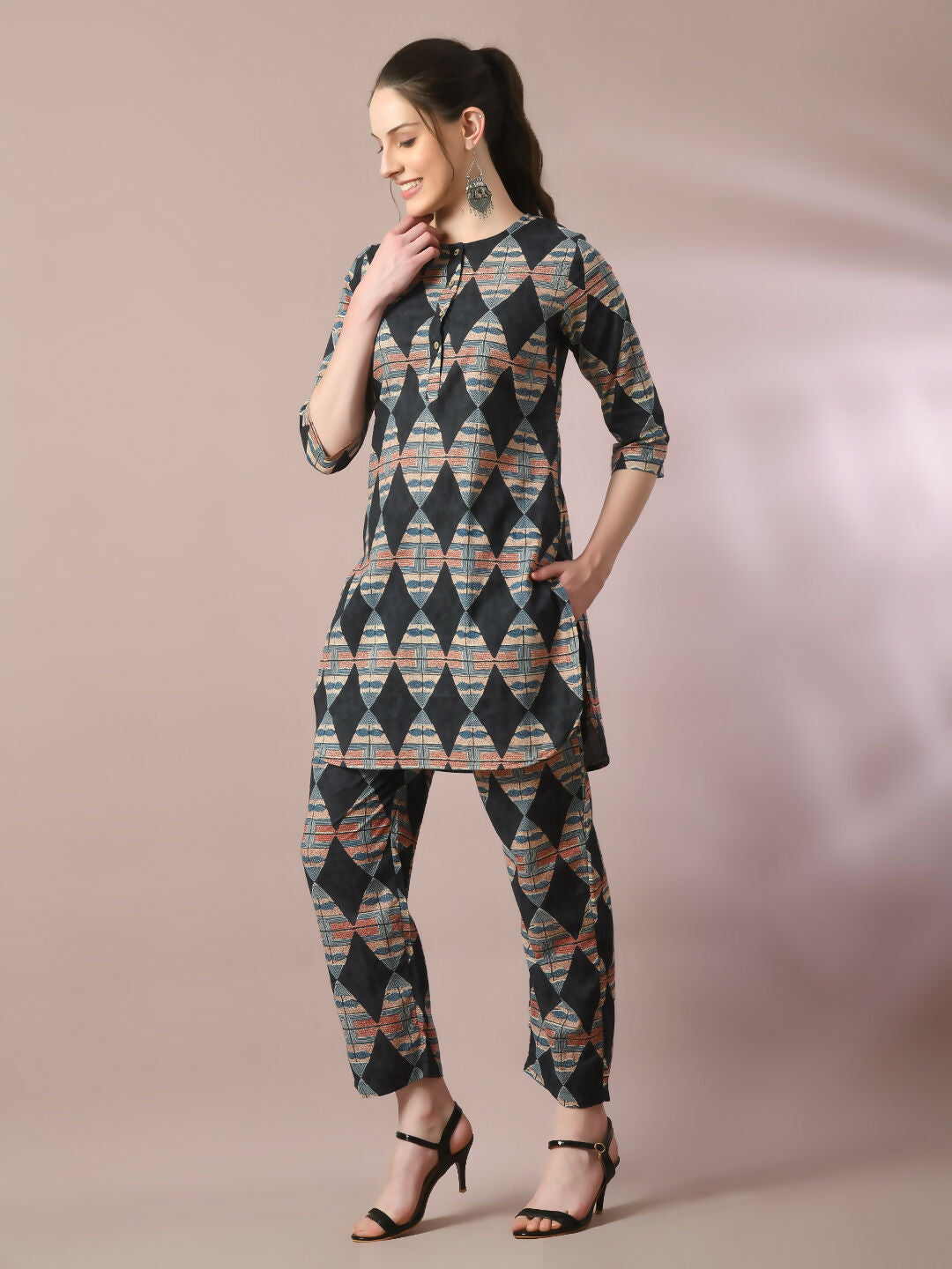 Myshka Women's Multi Printed Cotton Round Neck Party Tunic With Trousers Co-ord set