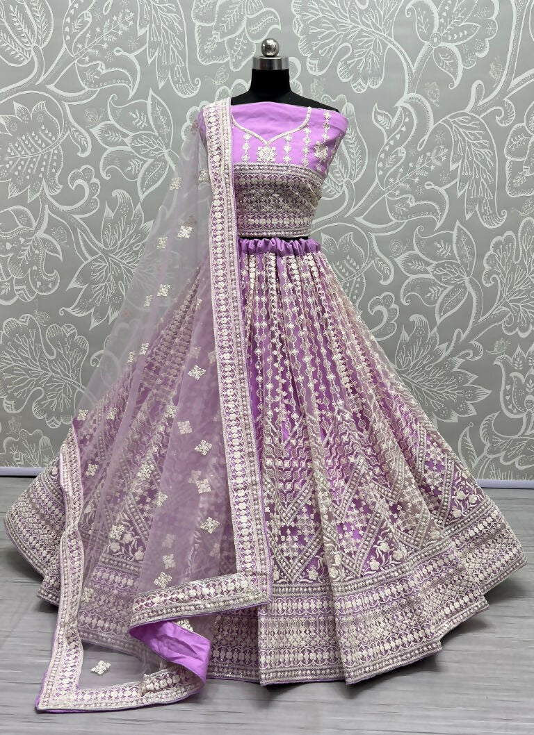 Jyoti Fashion Women's Mauve Net Patterned Thread Embroidered with Sequins Wedding Lehenga Choli