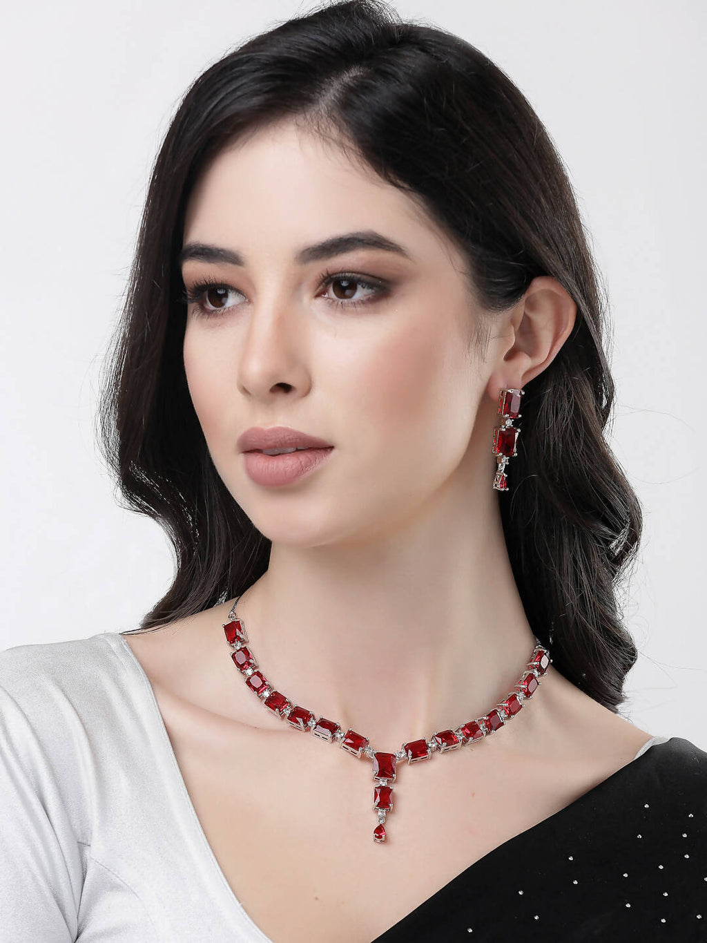 NVR Women Silver Plated & Maroon Cz Stone Handcrafted Jewellery Set