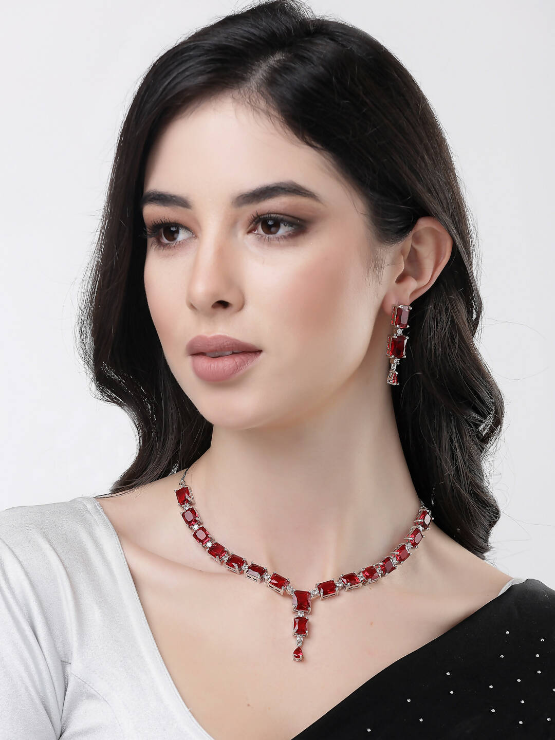 NVR Women Silver Plated & Maroon Cz Stone Handcrafted Jewellery Set