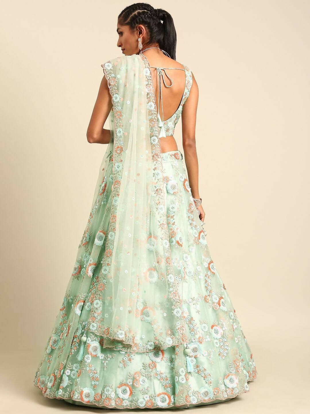 House of Panchhi Sea Green Net Sequins and Zarkan embroidery Lehenga choli & Dupatta