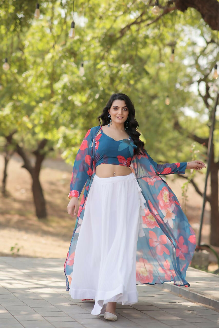 Vastranavya Latest Fancy Party Wear Lehenga Choli With Shrug - Blue