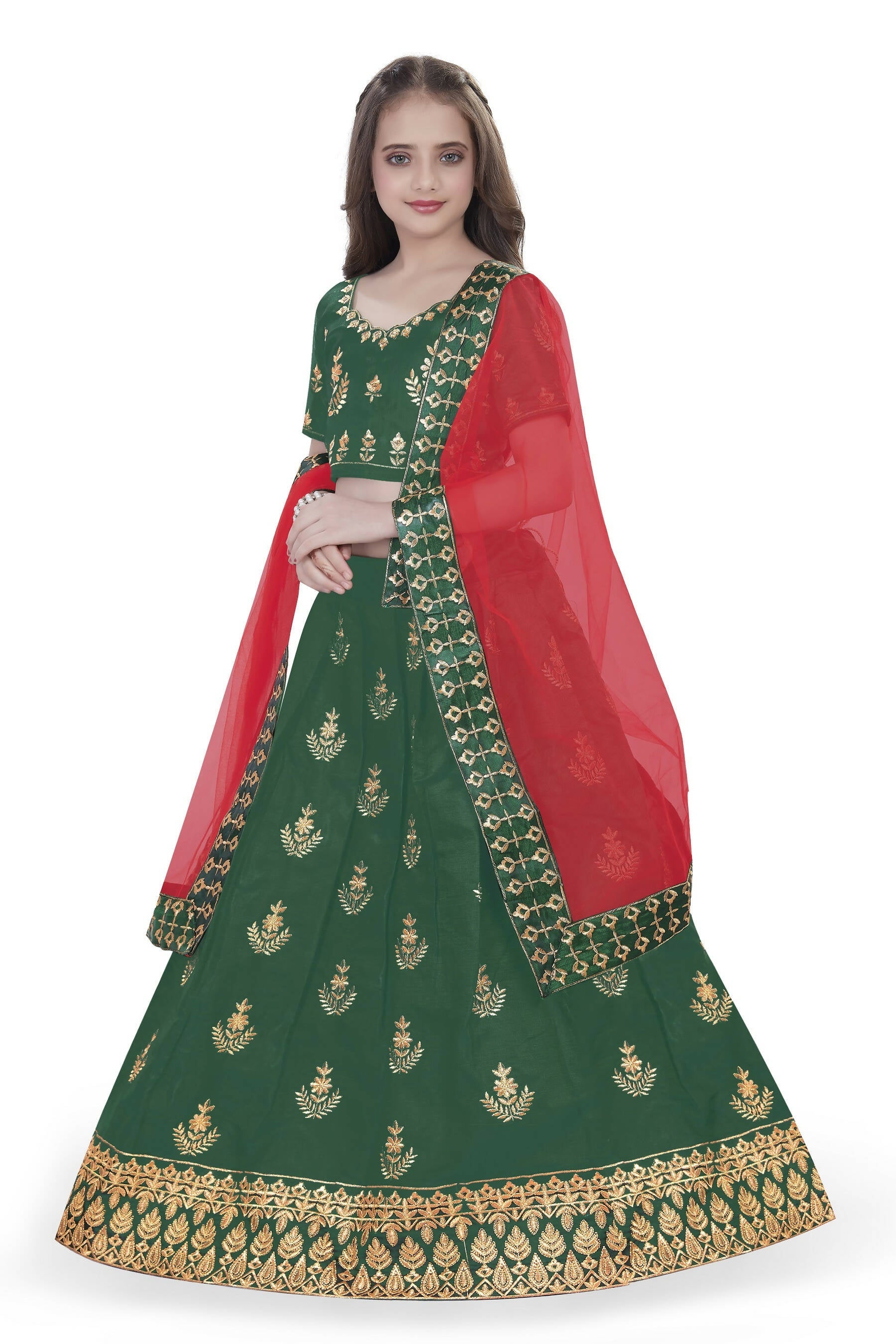 Dwiden Green Kamal Tafetta Sattin Semi-Stitched Girl's Lehenga Choli