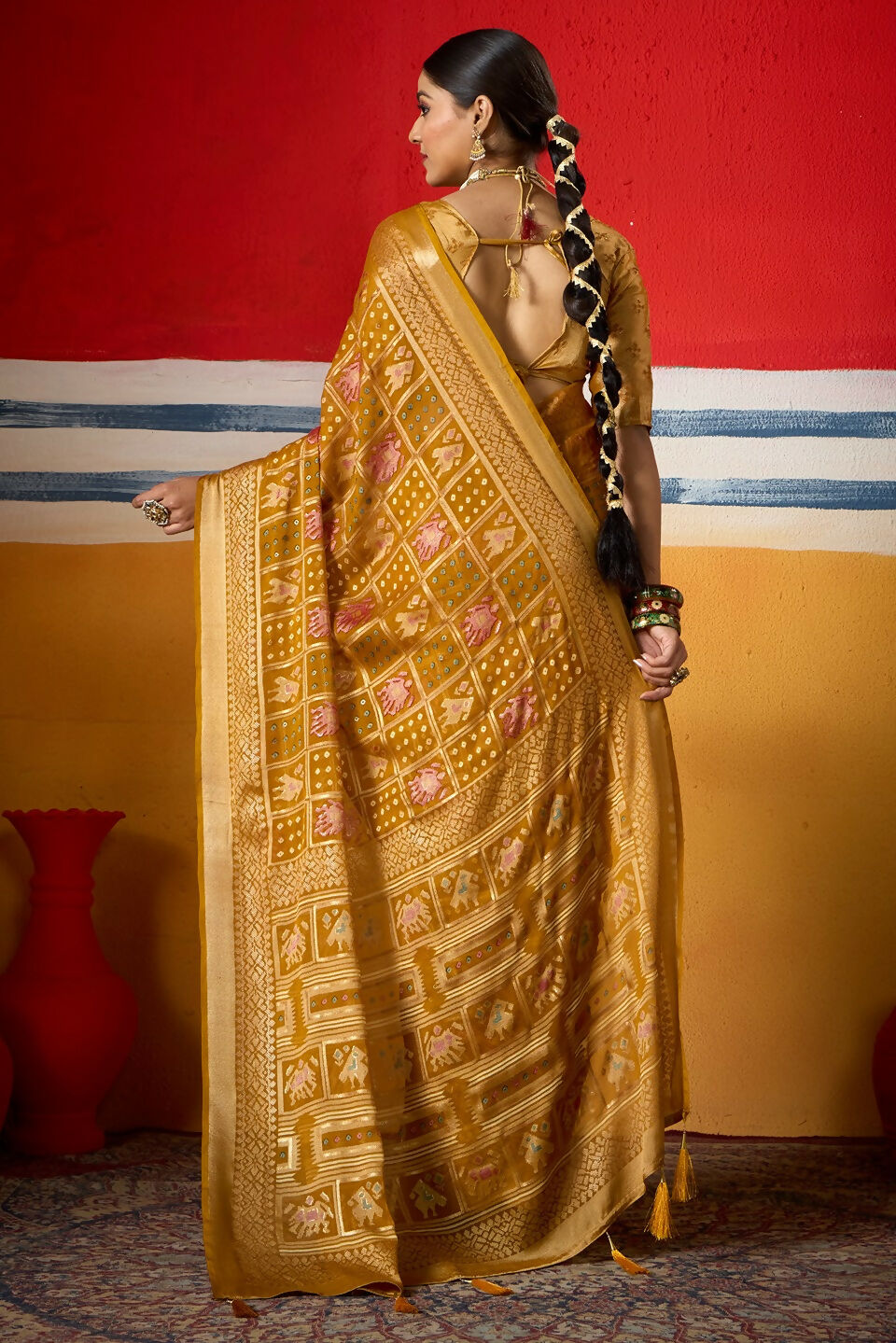 Joban Fashion Yellow Dull Moss Brasso Saree - Distacart
