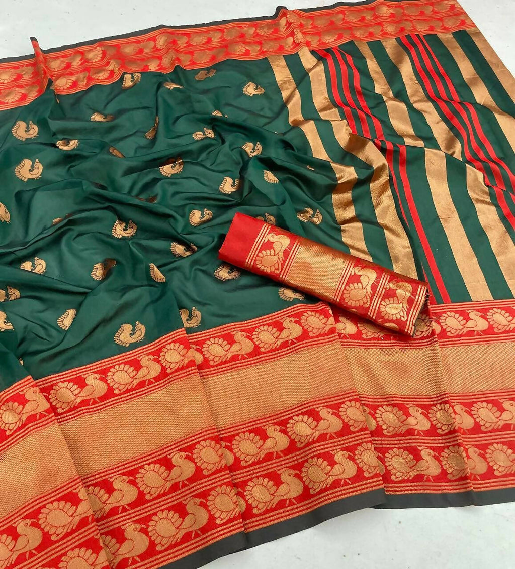 DEIANA'S Beautiful Designer Golden zari Soft Lichi Silk Saree - Green