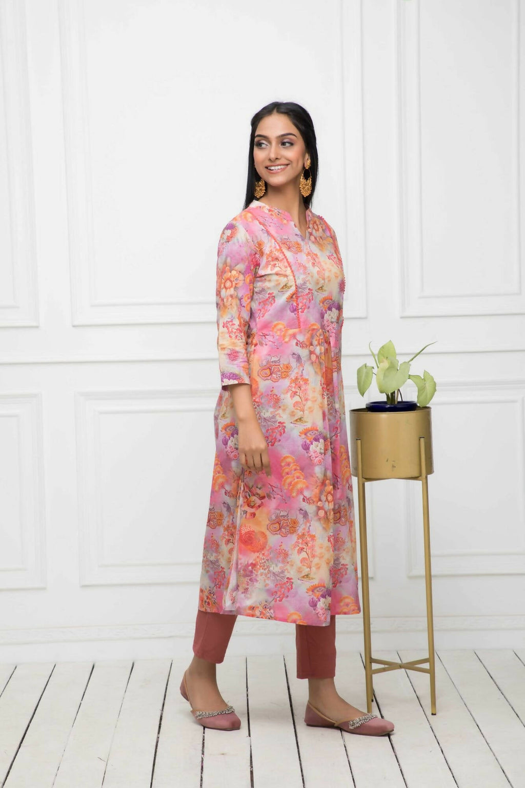 Myshka Multi Floral Women Cotton A-Line Round Neck Kurtas - Distacart