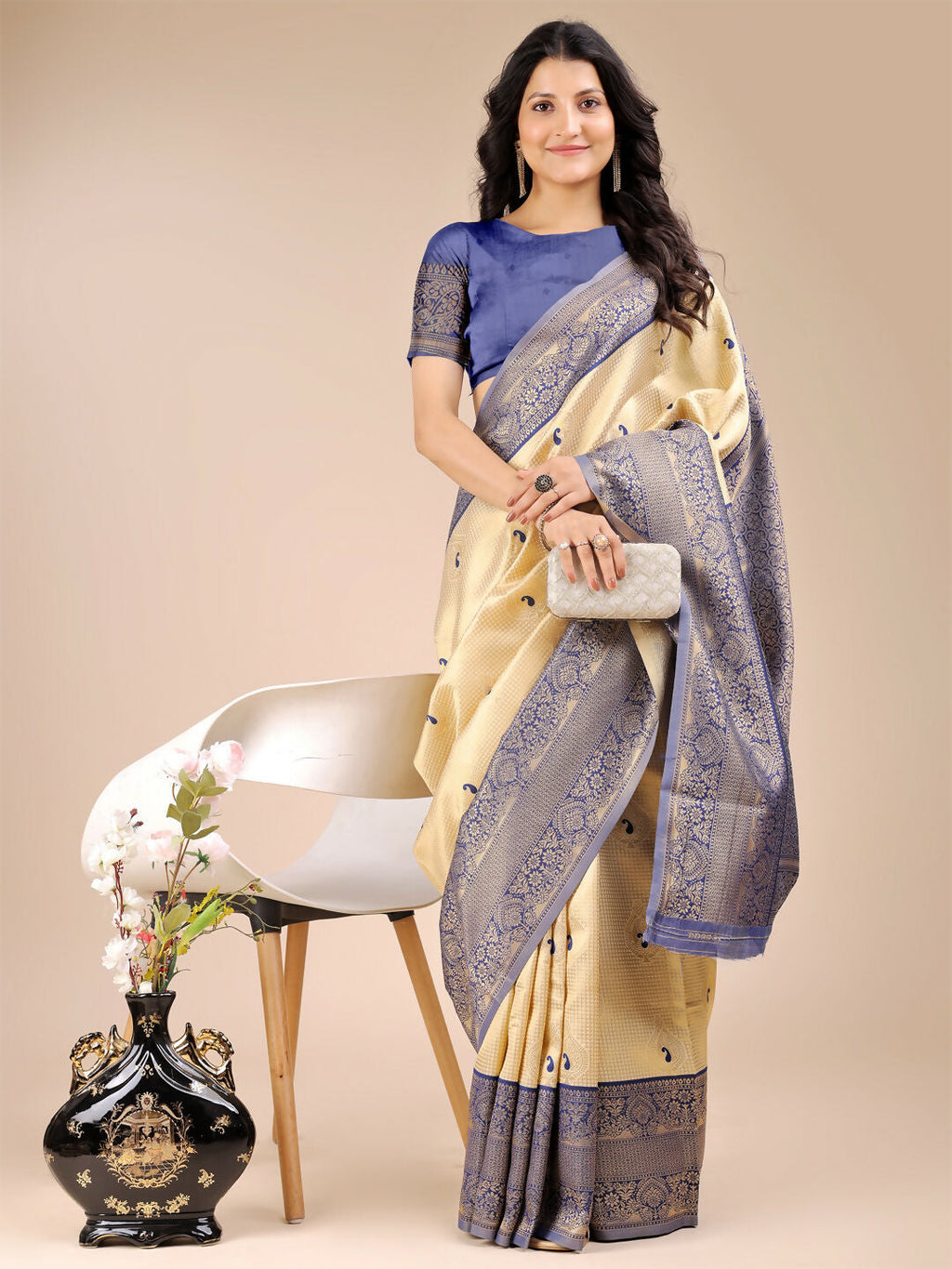 Shree Shyam Fashion Aura Silk Cream Navy Blue Banarasi Silk Saree