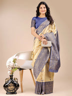 Shree Shyam Fashion Aura Silk Cream Navy Blue Banarasi Silk Saree
