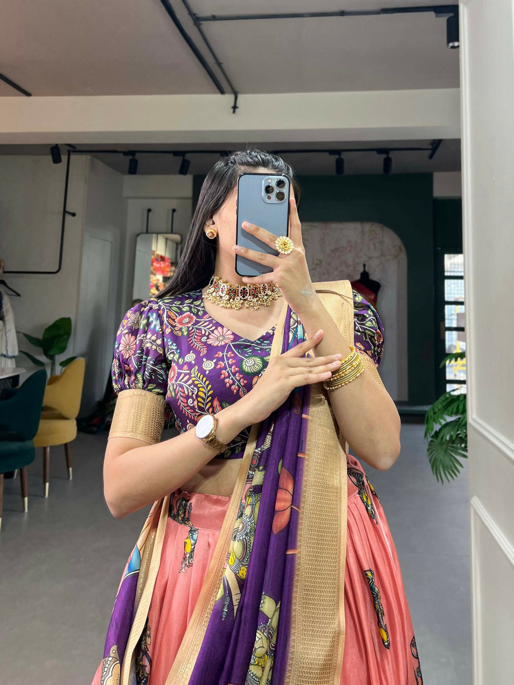 Vastranavya Kalamkari Print With Weaving Border Lehenga with Unstitched Blouse - Peach