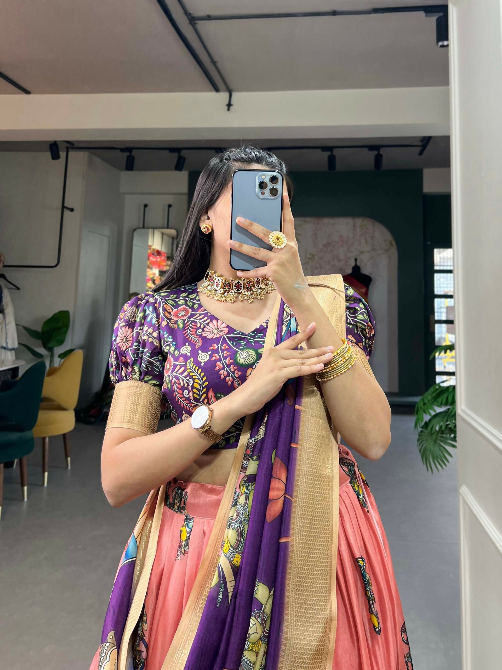 Vastranavya Kalamkari Print With Weaving Border Lehenga with Unstitched Blouse - Peach