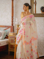 Prime Volt Women's Off-White Floral Digital Print Soft Linen Saree With Blouse - Distacart