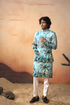 Palm Trees Relaxed Hues Printed Silk Nehru Jacket Set by Hilo Design