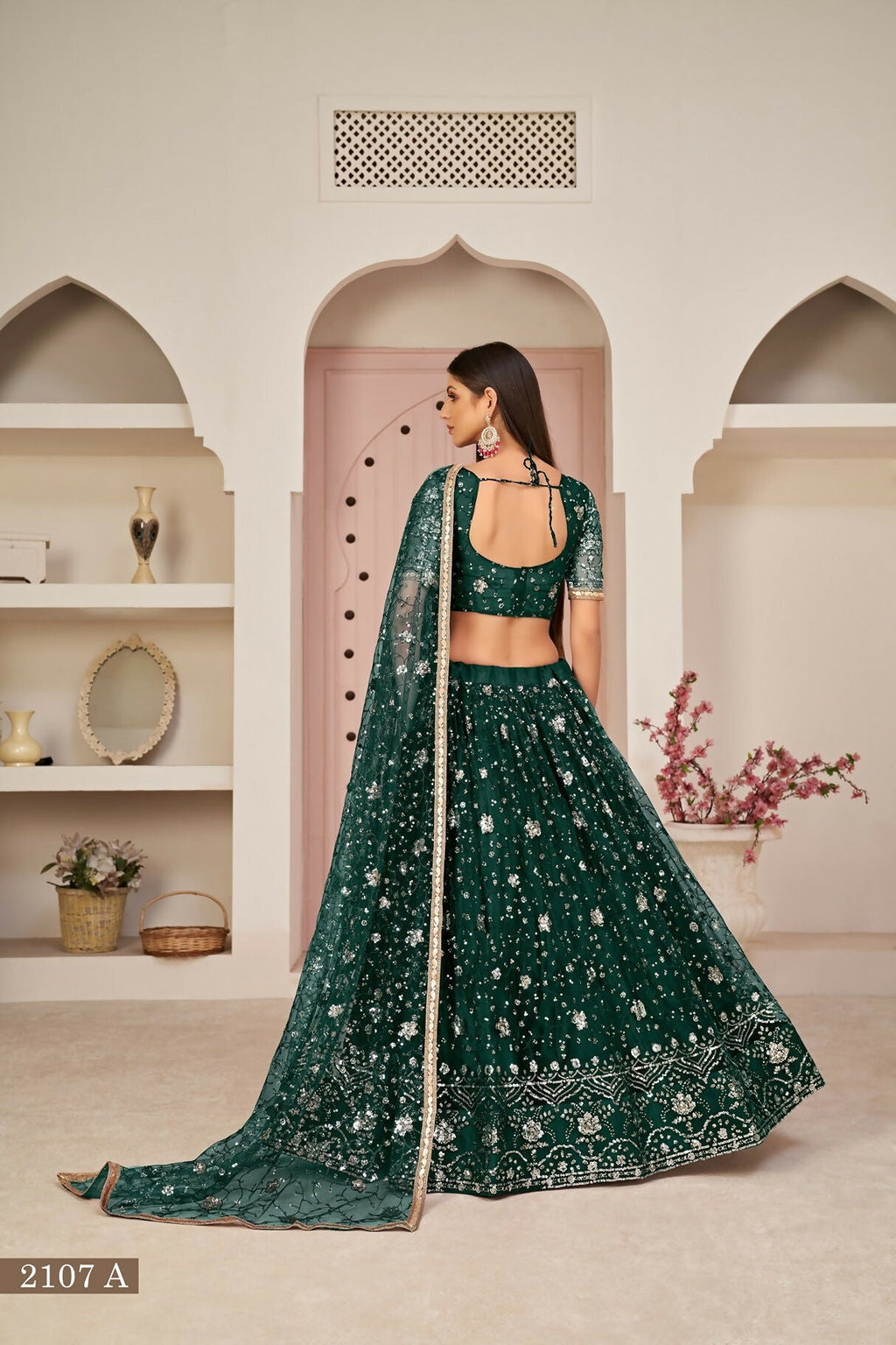 Eilara Women'S Green Butterfly Net Thread With Zari Sandwich Sequence Embroidered Work Lehenga Choli For Festivals