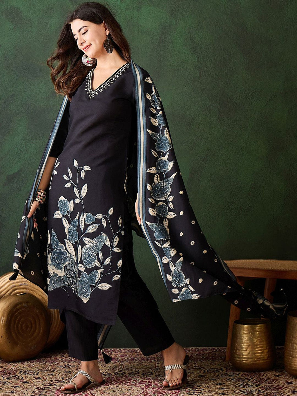 Sangria Floral Printed Sequinned V-Neck Straight Kurta & Trouser With Dupatta