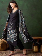 Sangria Floral Printed Sequinned V-Neck Straight Kurta & Trouser With Dupatta