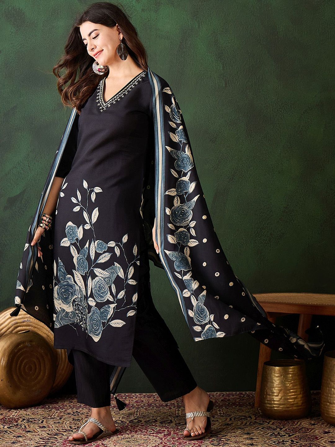 Sangria Floral Printed Sequinned V-Neck Straight Kurta & Trouser With Dupatta