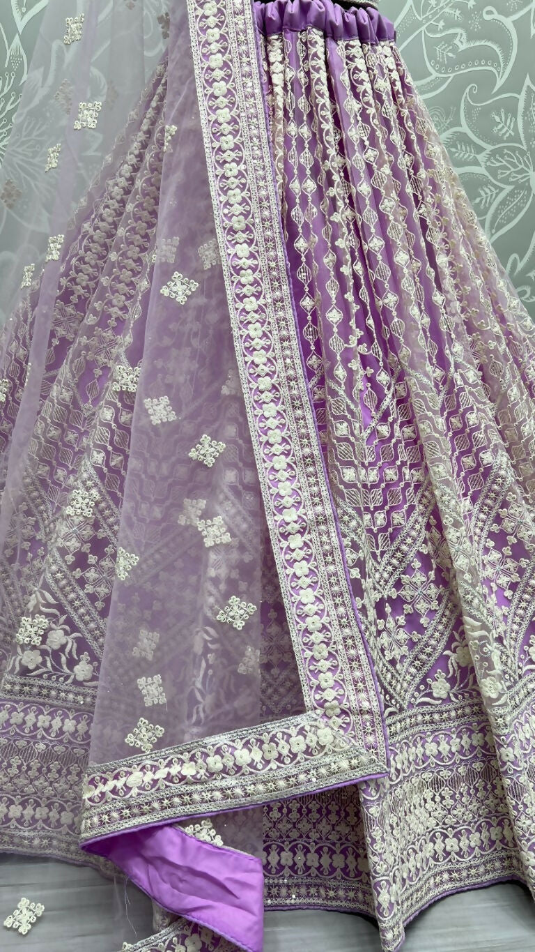 Jyoti Fashion Women's Mauve Net Patterned Thread Embroidered with Sequins Wedding Lehenga Choli