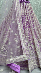Jyoti Fashion Women's Mauve Net Patterned Thread Embroidered with Sequins Wedding Lehenga Choli
