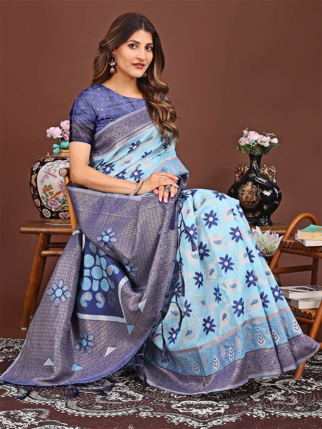 Shree Shyam Fashion Sajni Sky Blue Linen Cotton Saree