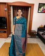 DEIANA'S Beautiful Designer Golden zari Soft Lichi Silk Saree - Teal