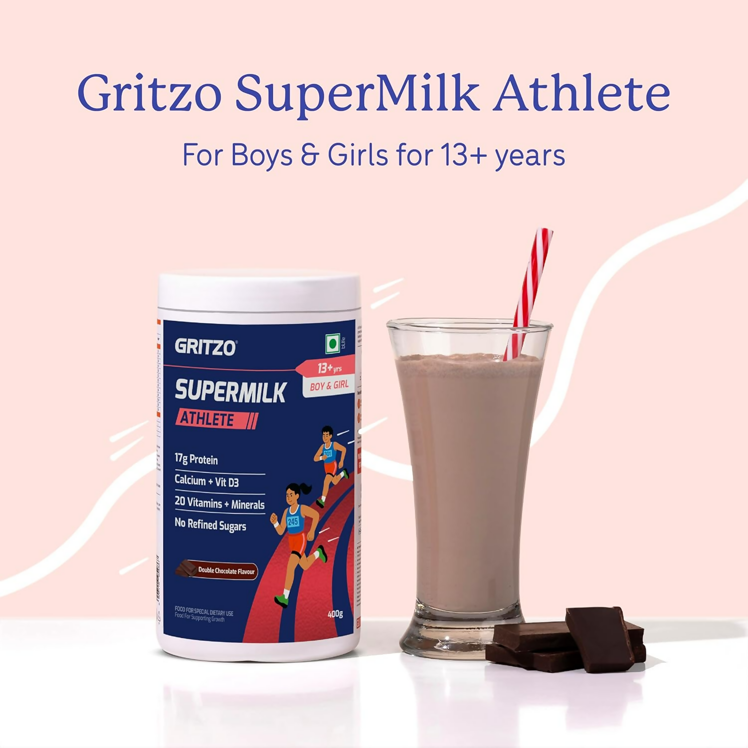 Gritzo SuperMilk Athlete (13+y Boy & Girl),17g Protein Powder - Double Chocolate - Distacart