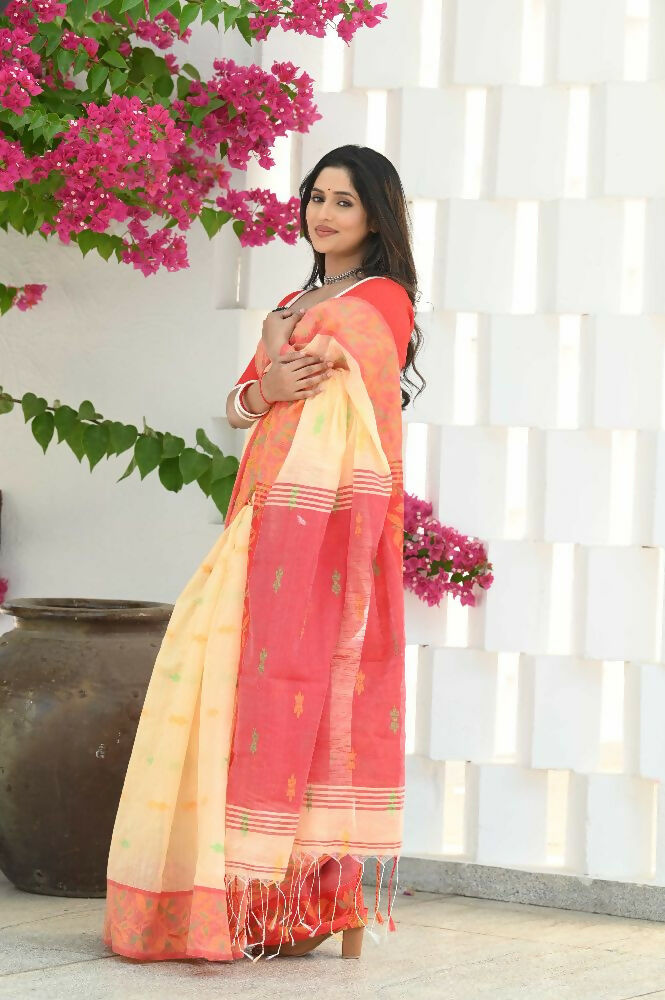 Beatitude Yellow Slub Cotton Floral Jamdani Saree