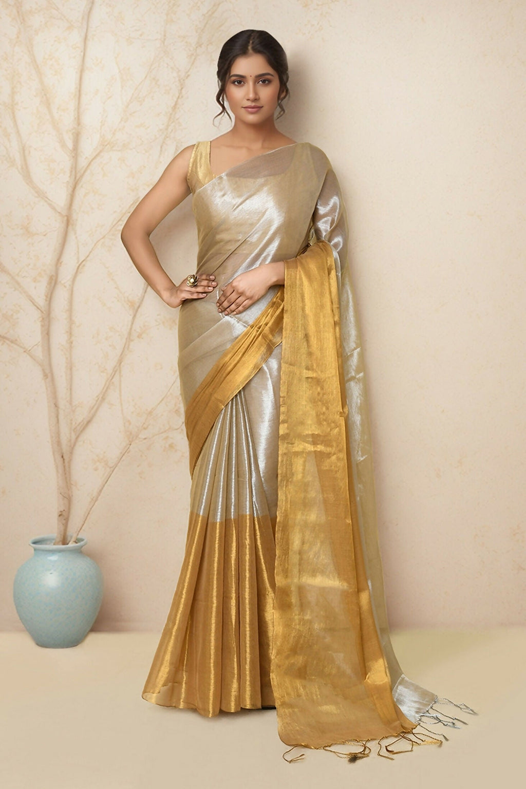 Joban Fashion Light Beige Tissue Saree - Distacart