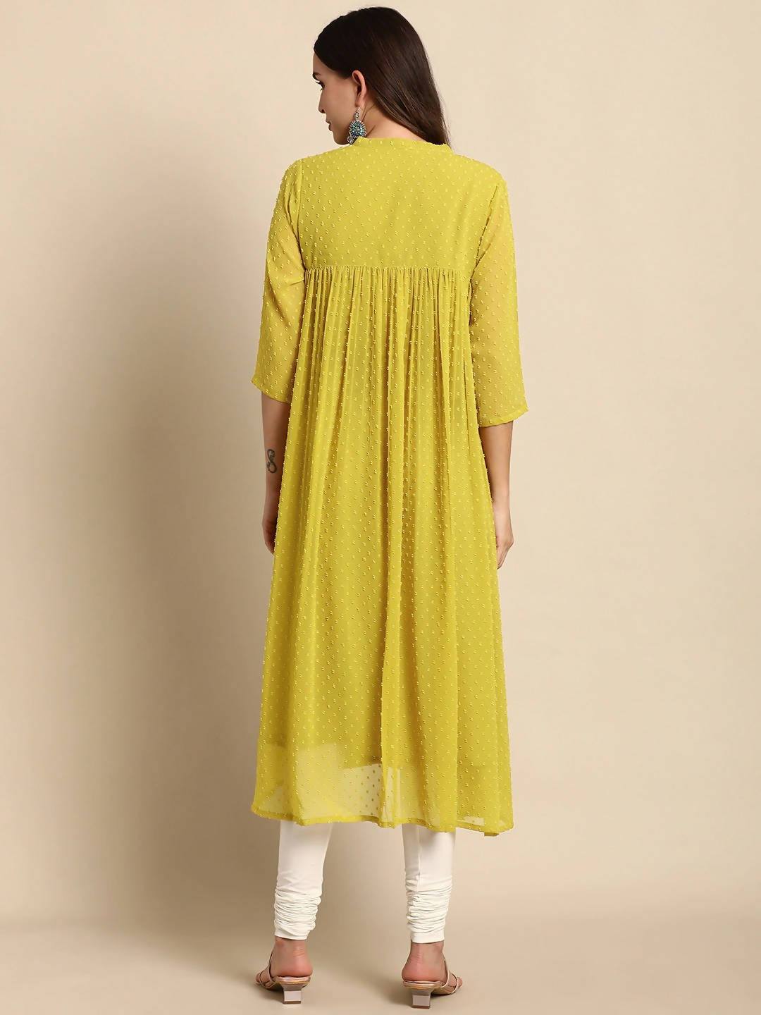 Janasya Mustard Yellow Dobby Weave Poly Chiffon Kurta - Distacart