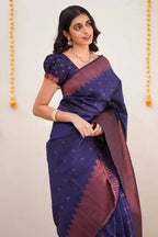 DEIANA'S Beautiful Designer Golden zari Soft Lichi Silk Saree - Navy Blue