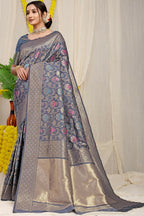 Jyoti Fashion Women's Grey Kanjivaram Silk Zari Woven Saree with Blouse - Distacart