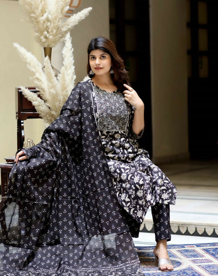 Miravan Women's Black Floral Printed Kurta Palazzo With Dupatta Set