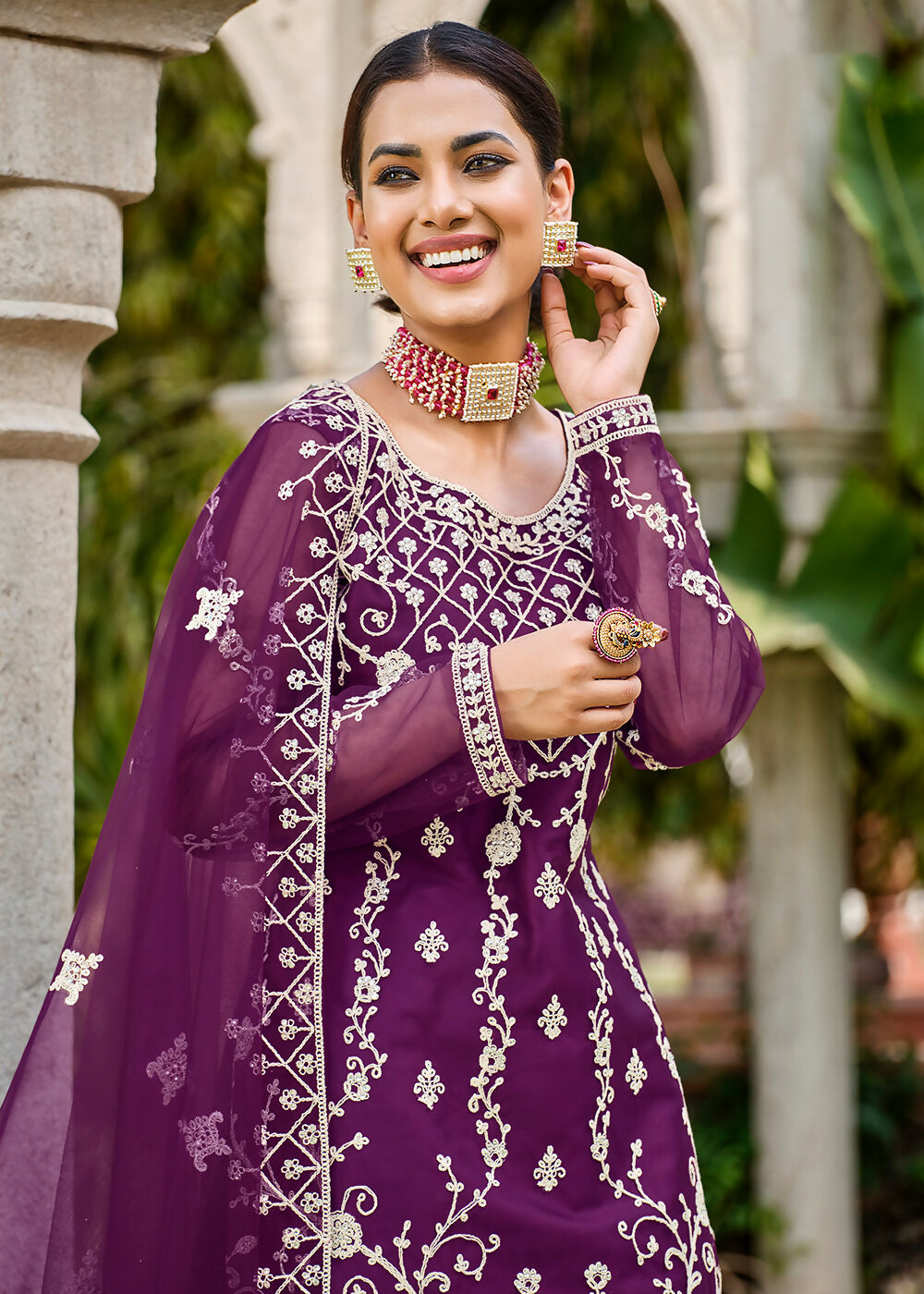 Violet Purple Stone & Cording Work Festive Palazzo Suit - Emponline