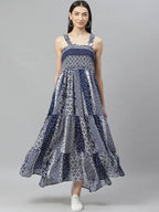 Myshka Navy Blue And White Geometric Printed Maxi Tiered Dress - Distacart